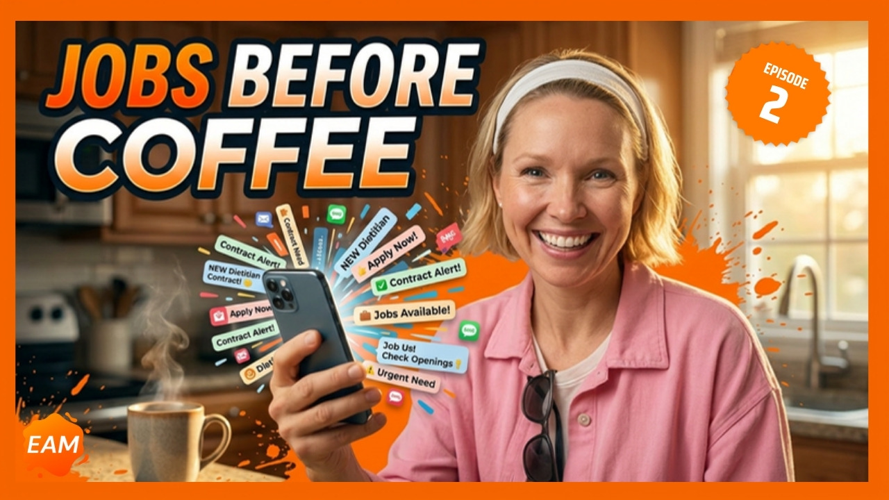 Job search automation — Melanie holding a phone full of job alerts in the kitchen